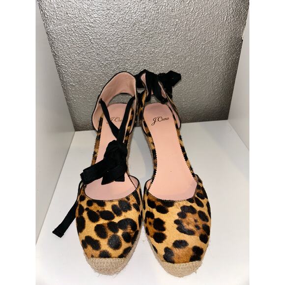 J Crew AJ166 Espadrille Wedges Leopard Print Calf Hair Ankle Tie  3.5” Heel - Picture 3 of 10